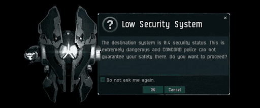 An EVE Online screenshot showing the warning provided when entering a Lowsec 0.4 security status system