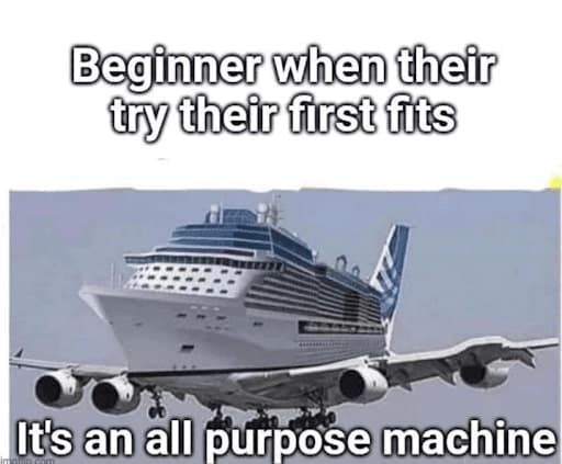 An EVE Online meme of a cruise ship with plane wings that reads: "beginner when they try their first fits. It's an all-purpose machine"