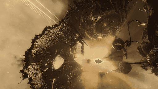 An EVE Online space scene showing rays of sun shining through ancient wreckage and space dust
