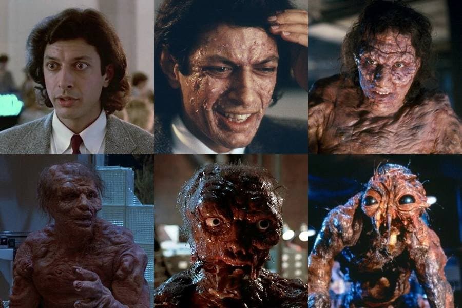 Series of images from The Fly depicting Jeff Goldblum's transformation