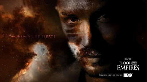 A mocked up fake promotional poster for the EVE Online series Blood of the Empires, featuring Tom Hardy with camouflaged paint against a brown nebula