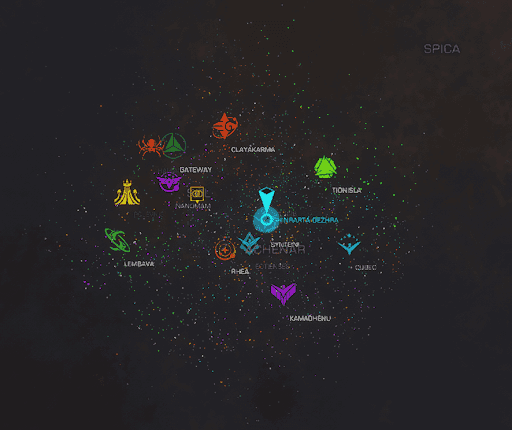 A zoomed out map of the Elite Dangerous galaxy, showing the logos of the Powers