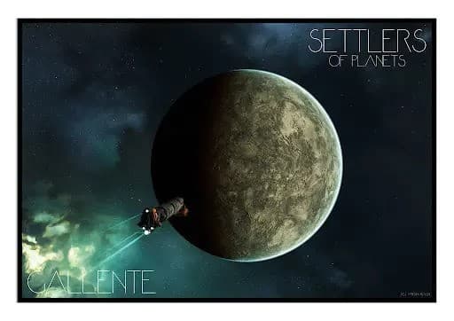 Artwork made for Gallente Day with a ship approaching a central planet from the bottom left, a green nebula is in the bottom-left hand corner