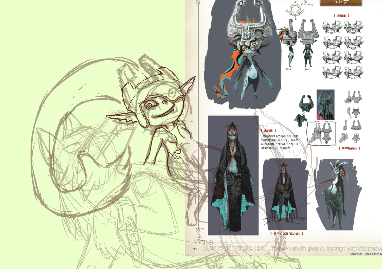 screenshot of a digital sketch of midna and wolf link, with a page of references on the right