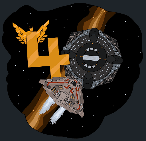 Elite artwork showing a Sidewinder flying towards the number four with wings and a coriolis station made to look like the number 0, so it spells out 40