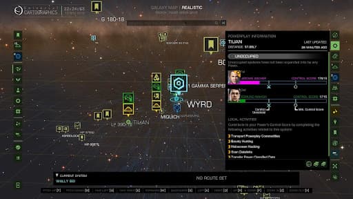 An Elite Dangerous Powerplay 2.0 galaxy map screenshot of an Unoccupied system, one type of acquisition system