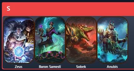 S Tier in our SMITE 2 god tier list: Zeus, Baron Samedi, Sobek, and Anubis.