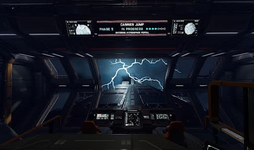 A from the cockpit screenshot from Elite Dangerous with lightning breaking in front of the windscreen