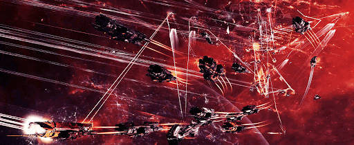 A mass of Typhoon ships defending an Azbel in the Pochven wars. All ships are moving and firing their weaponry which is white on top of the crimson background of Pochven space