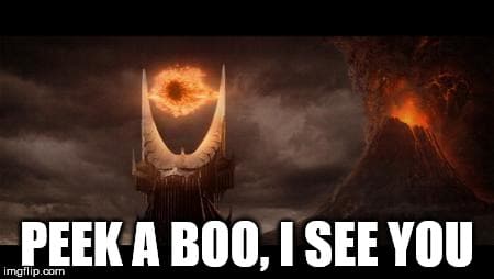 Image of the Eye of Sauron from Lord of the Rings. Caption reads "peek a boo, I see you".