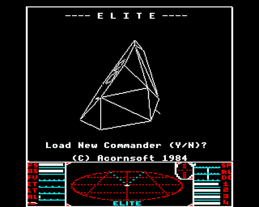 A still from the original 1984 Elite game, showing a basic image of Sidewinder ship