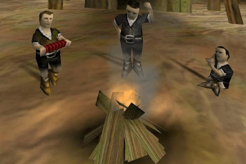 Screenshot from video game Black & White showing the explorers singing around a campfire