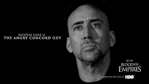 A HBO EVE Online series poster in black featuring Nicolas Cage