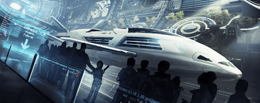 A queue of civilians waiting to board a passenger ship in a low-gravity portion of the station