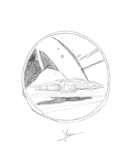 A pencilled Python sketch in a circular frame. The artist's signature Yan is written underneath