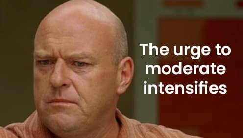 Image of character Hank Schrader from Breaking Bad, with a caption reads "The urge to moderate intensifies".