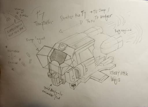 Pen and paper sketches for the Deep Space Dredger - a new Elite Dangerous ship design