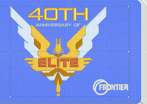 An embroidery pattern showing the Elite logo, the Frontier logo, and '40th anniversary of Elite' on it