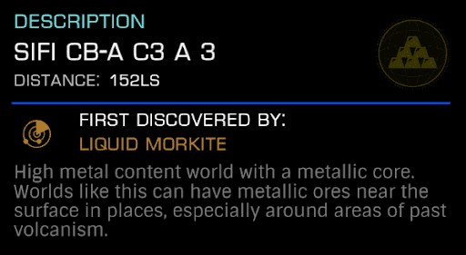 A text-filled UI screenshot from Elite Dangerous showing a high-metal planet's first discovery 