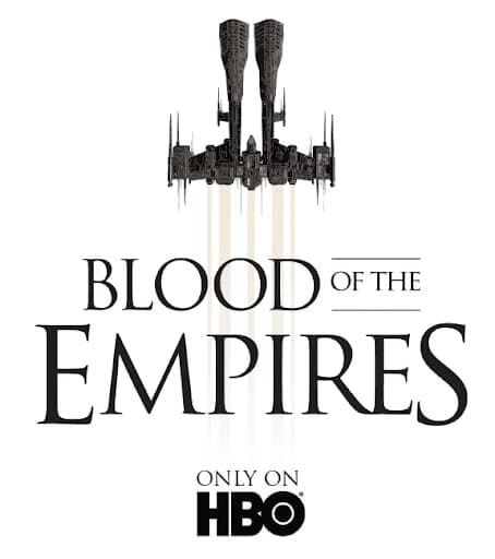 A mocked up fake promotional poster for the EVE Online series Blood of the Empires, featuring a ship, GoT font, and branding over a white background