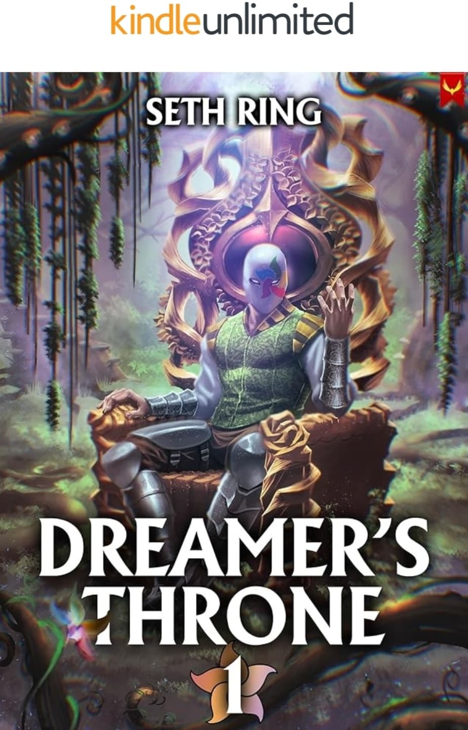 A masked man sits on a golden throne within a misty swamp-like environment.