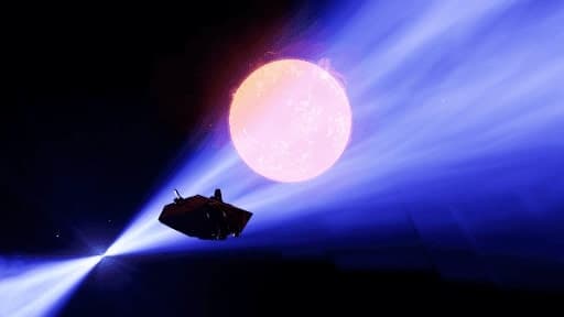 A small Elite Dangerous exploration ship flying through the tail of a White Dwarf with a sun in the background