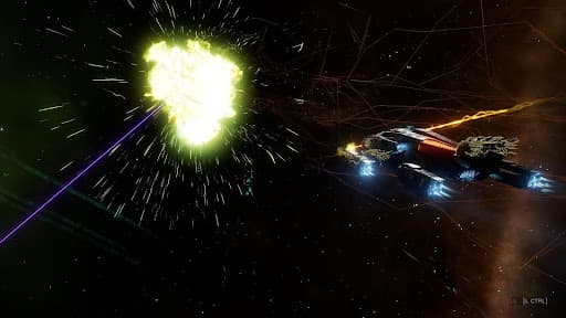 An Elite Dangerous pilot on the right of the screen destroying a Thargoid Hydra