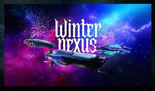 A poster for the EVE Online Winter Nexus event, featuring central branding, three colourful ships, fireworks, and a blue and lilac backdrop