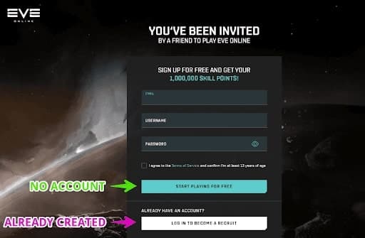 A screenshot of the official EVE Online referral scheme landing page, annotated to show where to click depending on whether you already have an account