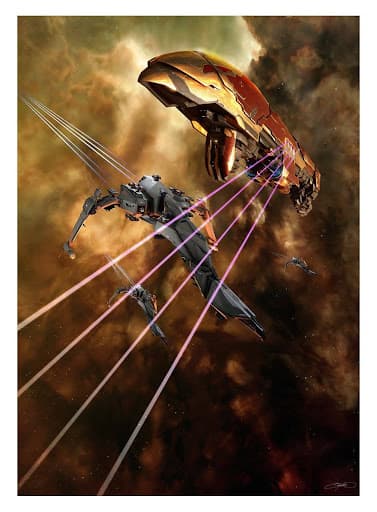 Artwork for the EVE Online board game, showing an Amarr ship shooting three lasers at smaller craft attacking it in front of a murky brown nebula