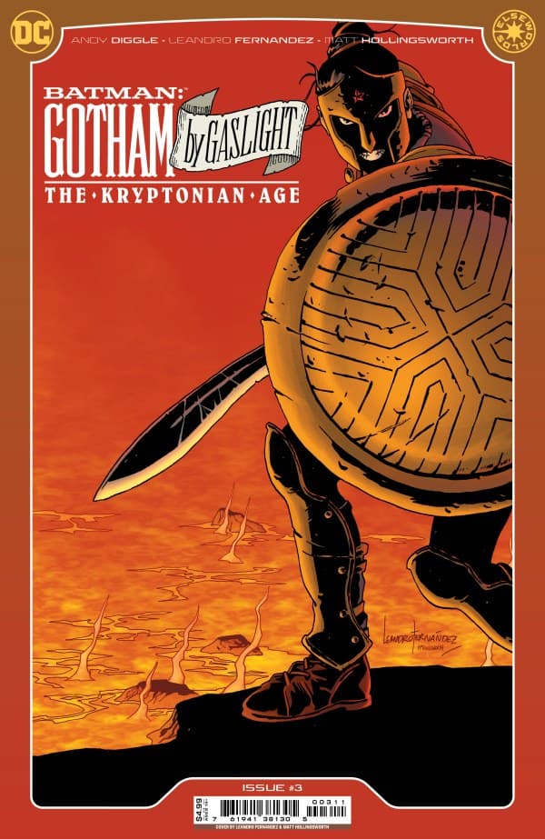 Image of a comic cover from the series Batman: Gotham by Gaslight - The Kryptonian Age. Is shows what appears to be a spartan soldier standing next to a pool of magma. They're in a fighting stance