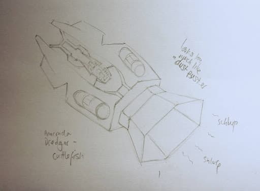 Pen and paper sketch for the Deep Space Dredger - a new Elite Dangerous ship design