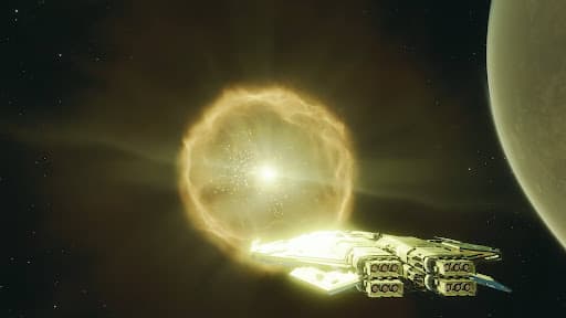 the second explosion from Thargoid titan raijin's demise with a ship in the foreground and part of a planet showing on the right