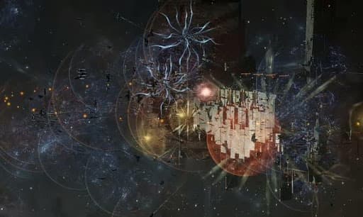 A chaotic image showing hundreds of ships locked in battle in front of a huge structure on the right of the screen