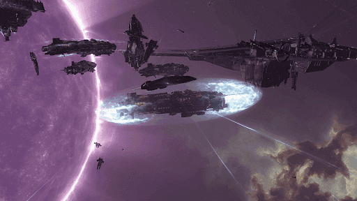 A screenshot from EVE Online showing a brown nebula in the bottom right hand corner, a lilac sun on the left side of the screen, and eight ships locked in combat in the centre