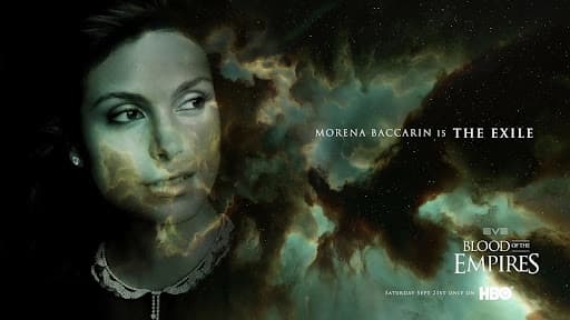 A mocked up fake promotional poster for the EVE Online series Blood of the Empires, featuring Morena Baccarin against a teal nebula