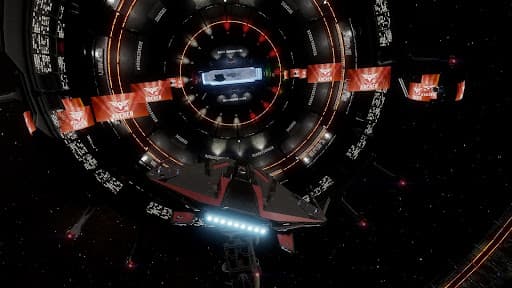 An Elite Dangerous screenshot showing a ship's station approach, flanked by the crimson holo ads of Jerome Archer