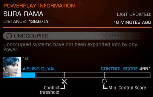 A screenshot of the Elite Dangerous Powerplay UI, showing an unoccupied system with Aisling Duval seeking control