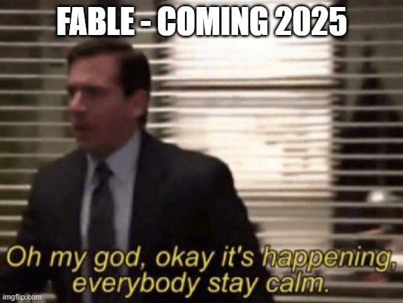 "it's happening" meme from The Office, referencing the Fable release date announcement