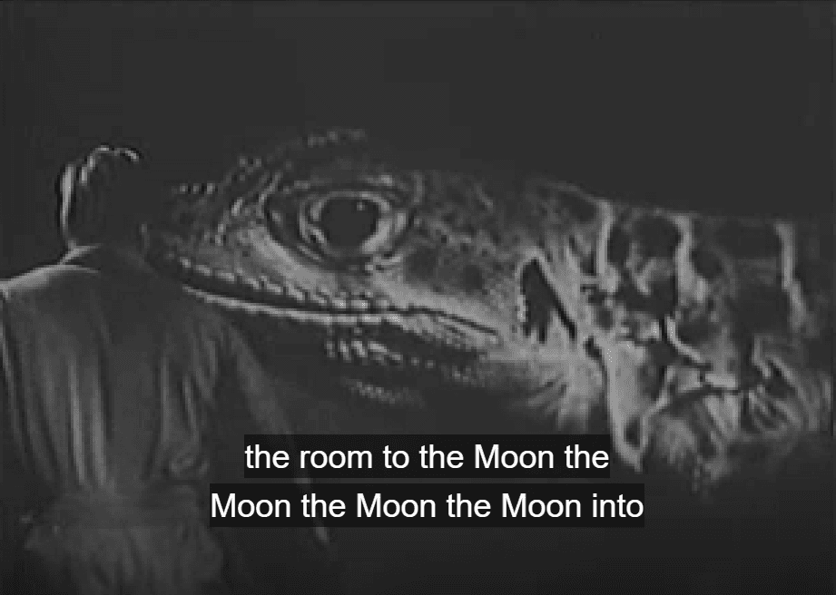 Screenshot from the film Killers in Space where the subtitles are nonsense, reading "the room to the Moon the Moon the Moon the Moon into".