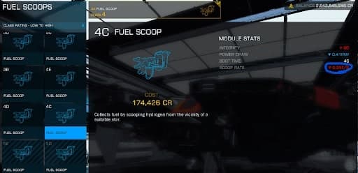 An Elite Dangerous UI screenshot showing a 4C fuel scoop 