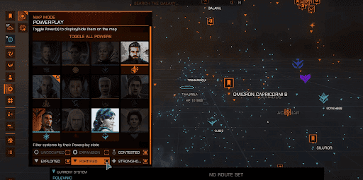 The Elite Dangerous powerplay system displayed in map mode showing how powers can be filtered