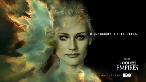 A mocked up fake promotional poster for the EVE Online series Blood of the Empires, featuring Diane Kruger against a light blue and brown nebula