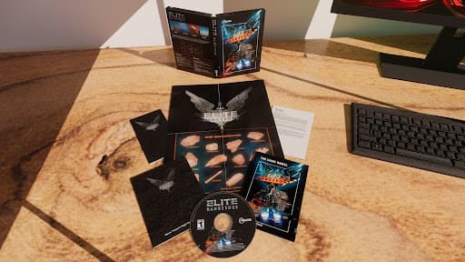 A digitally recreated imagining of the original Elite game's box materials, updated to Elite Dangerous. It shows a CD, leaflet, a keyboard, a case, and other bits and bobs