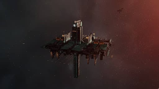 A player-owned industry-focus structure from EVE Online stood alone in a galaxy. The lefthand side of space is dark  grey and the right has a red hue