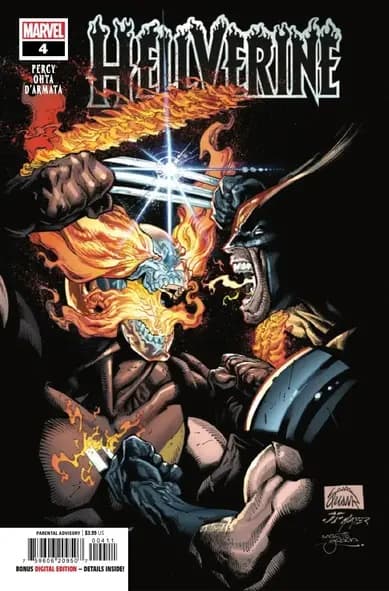 Image of the front cover of Marvel's comic series Hellverine issue number 4. It depicts Wolverine and Ghost Rider face to face  as they fight and scream at one another