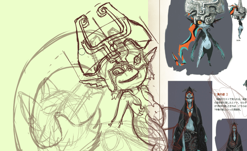 A screenshot of a sketch of Midna from Twilight Princess. Next to it is a scan of Hyrule Historia on the page of Midna's concept art