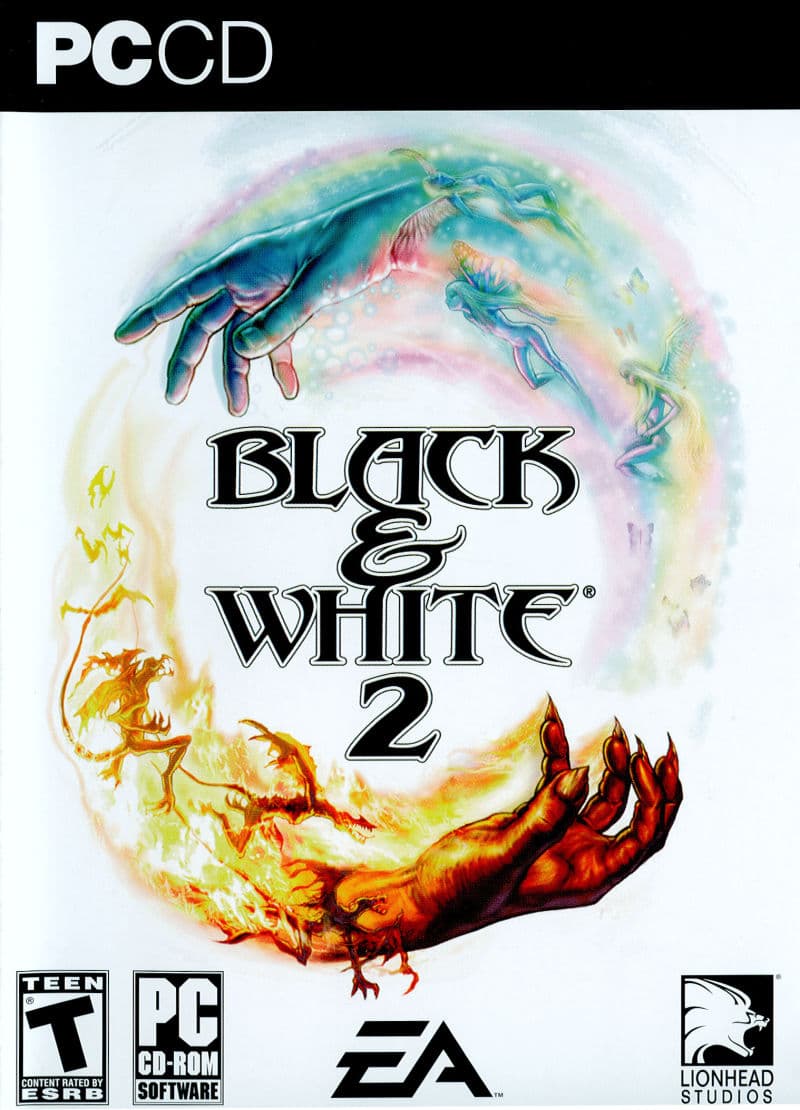 Image of the box art for Black & White 2, a video game by Lionhead Studios. Shows an angelic and a demonic hand circling round  the game title.