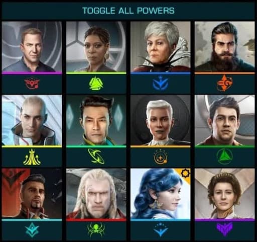 A screenshot of the toggle powers screen in Elite Dangerous Powerplay 2.0 featuring the portraits of all 12 Power leaders