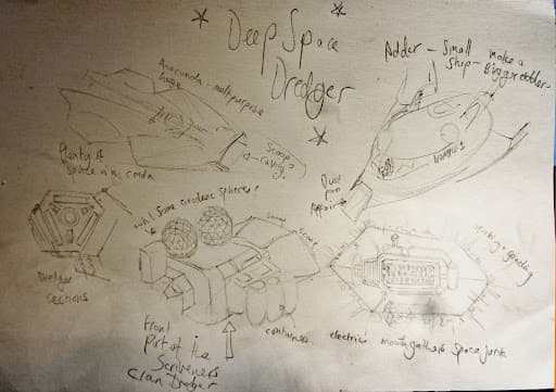 Pen and paper sketches for the Deep Space Dredger - a new Elite Dangerous ship design